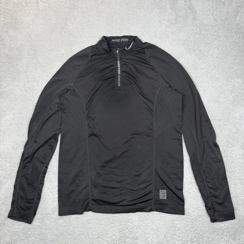 Nike Pro Hyperwarm Women Black‎ Quarter Zip Pullover Fitted Thumbhole Top Large